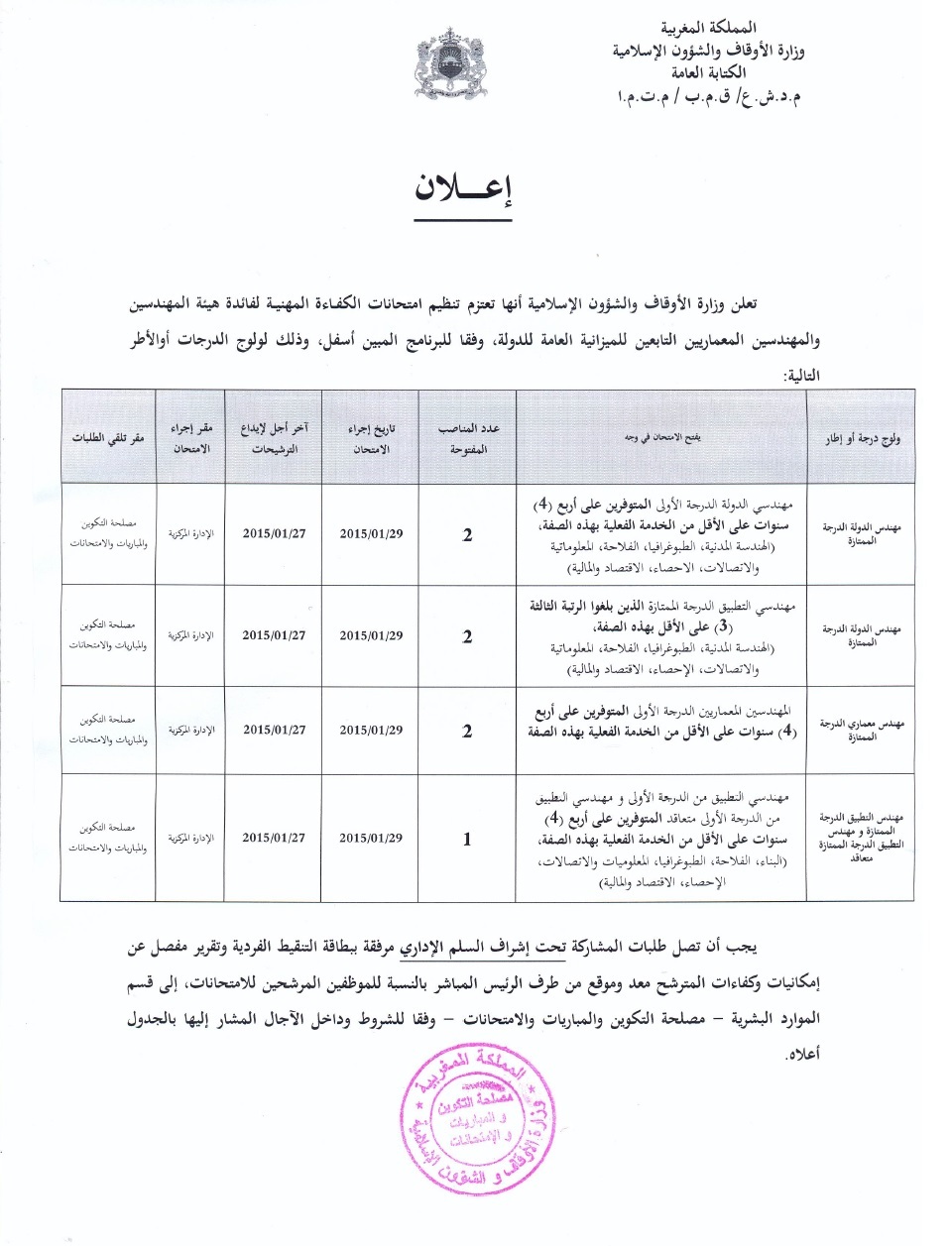 إعلان عن تنظيم امتحانات الكفاءة المهنية لفائدة هيئة المهندسين والمهندسين المعماريين التابعين للميزانية العامة للدولة